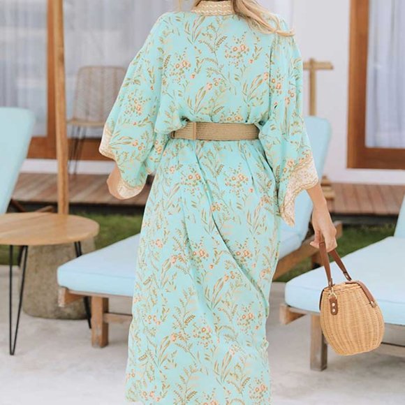 Boho Gypsy mint Floral Print Kimono Cover up - Picture 9 of 12